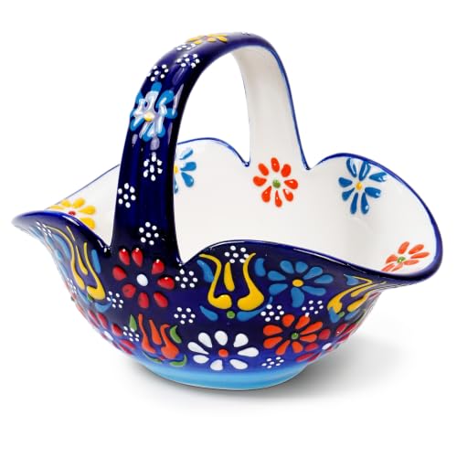 Ceramic Candy Dish, Small Fruit Basket with Handle, Key Holder, Decor Bowl - color: Cobalt Blue Embossed
