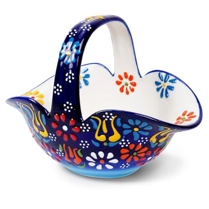 Ceramic Candy Dish, Small Fruit Basket with Handle, Key Holder, Decor Bowl - color: Cobalt Blue Embossed