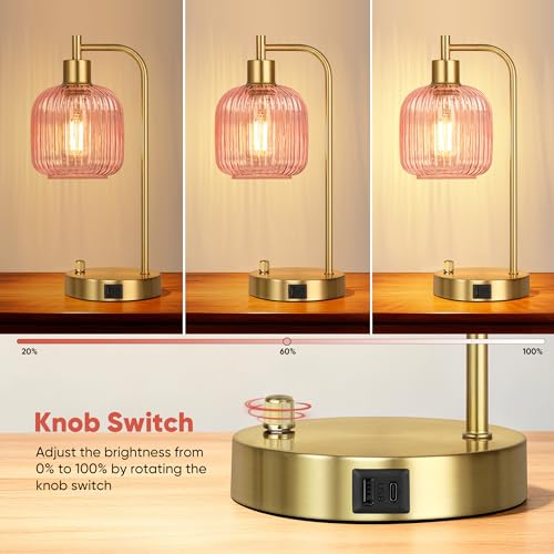 Pink Glass Table Lamps Set of 2, Dimmable Bedside Lamps for Living Room - color: Gold&Pink