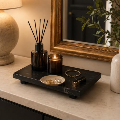 Small Black Marble Soap Dispenser Pedestal Tray 9.84 in - color: Black Marble-9.84 in