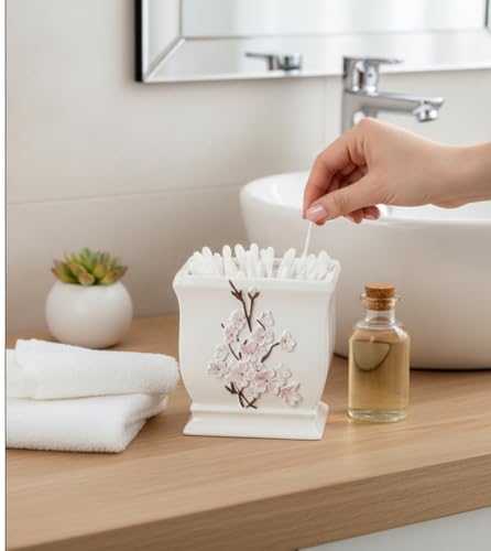 Creative Scents Vanda Qtip Holder - Cherry Blossom White Cotton Swab Balls Holder with Lid Decorative Resin Q-tip Holder Bathroom Canisters Vanity Countertop Storage - style: Cotton Ball Holder