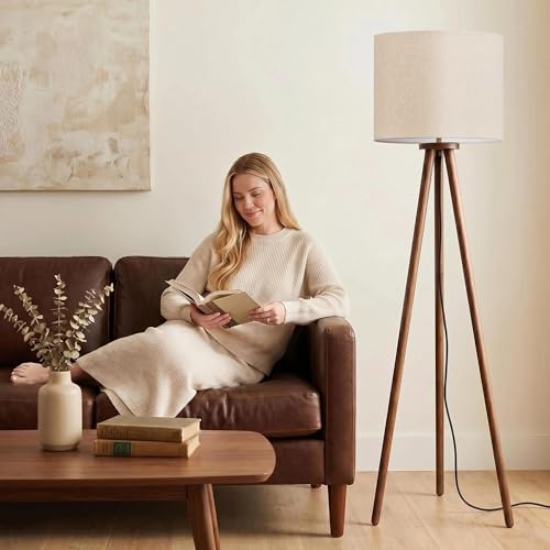 Buruis 60.6 Inch Walnut Wood Tripod Floor Lamp with Linen Drum Shade, Beige - color: Beige