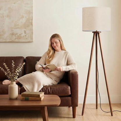 Buruis 60.6 Inch Walnut Wood Tripod Floor Lamp with Linen Drum Shade, Beige - color: Beige