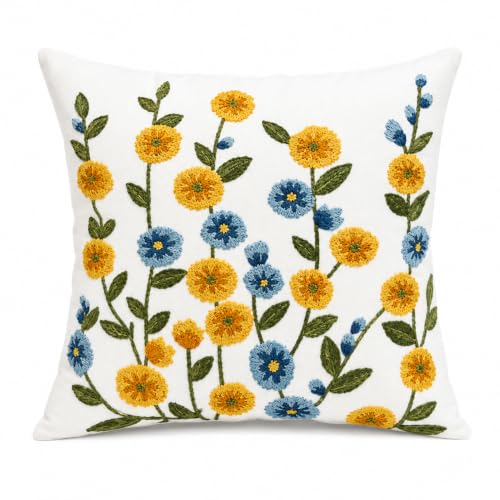 Selection Embroidered Floral Throw Pillow, 18x18 Inch Decorative Pillow with Insert Included, Ivory White Woven Canvas Cushion, Yellow & Blue Wildflower Embroidery, Hidden Zipper, Home Decor