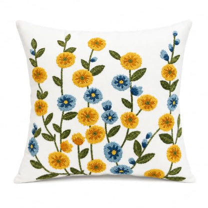 Selection Embroidered Floral Throw Pillow, 18x18 Inch Decorative Pillow with Insert Included, Ivory White Woven Canvas Cushion, Yellow & Blue Wildflower Embroidery, Hidden Zipper, Home Decor