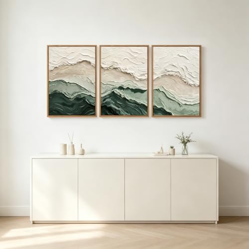 Aurlan 3D Textured Green Abstrcat Ocean Framed Canvas Wall Art 16x24 Inch - color: Green Beige (3D Textured), size: 16"L x 24"W