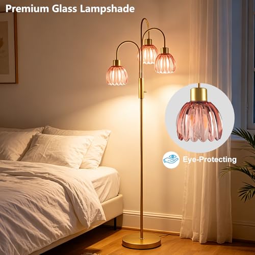 Red Lotus Glass Floor Lamp 3-Light 70" Gold Dimmable Tall Standing Lamp - color: Deep Red Lotus-Gold