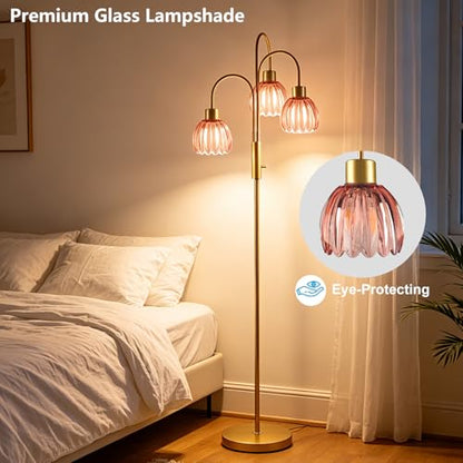 Red Lotus Glass Floor Lamp 3-Light 70" Gold Dimmable Tall Standing Lamp - color: Deep Red Lotus-Gold