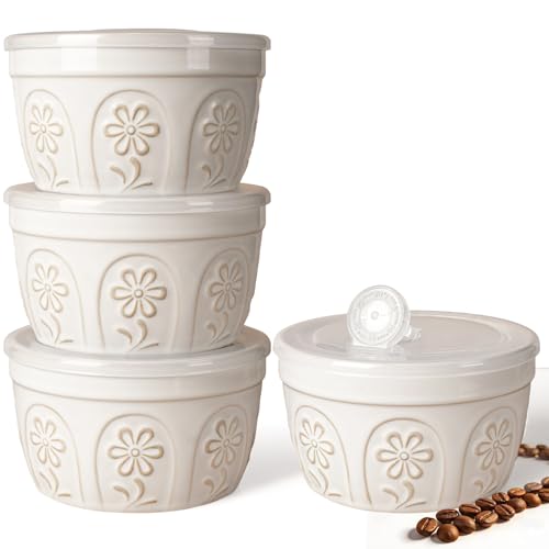 Artena Meal Prep Containers 22 OZ, 4 Pack Snack Containers, Reusable Food Storage Containers With Lids For Soup Yogurt Oatmeal Lunch Breakfast, Ceramic Cereal Bowls (White, Pinwheel Flower) - size: 5.15 inch (Pinwheel Flower, White)