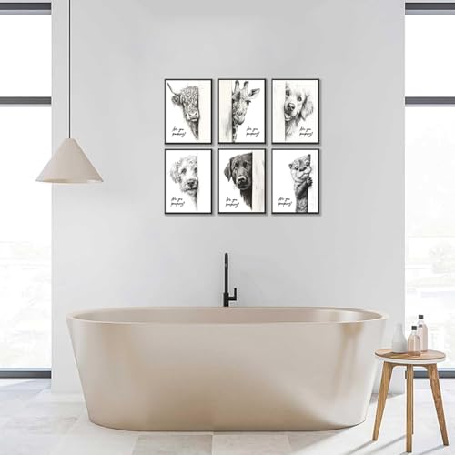 Funny Bathroom Wall Art Set of 6 Black and White Bathroom Posters Unframed - color: Animal Prints