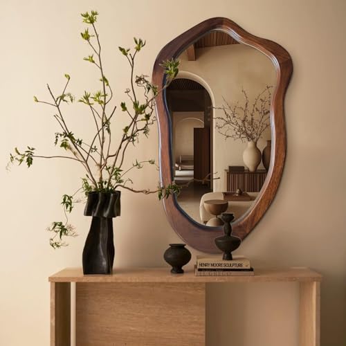 40"x24" Irregular Wall Mirror, Walnut Bathroom Mirror Wood Frame - color: Woodgrain Brown, size: 40"L x 24"W