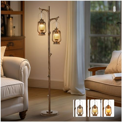 Scenekoy 68" Rustic Tree Trunk Floor Lamp with Lantern, Stepless Dimmable - color: Brown