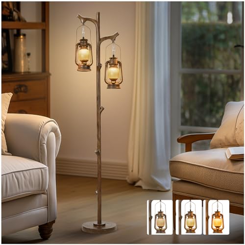 Scenekoy 68" Rustic Tree Trunk Floor Lamp with Lantern, Stepless Dimmable - color: Brown