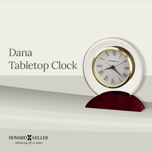 Howard Miller Dana Tabletop Clock – Curved Beveled Glass, Wooden Base, Battery Operated Alarm, Roman Numerals, Analog Desk Clock