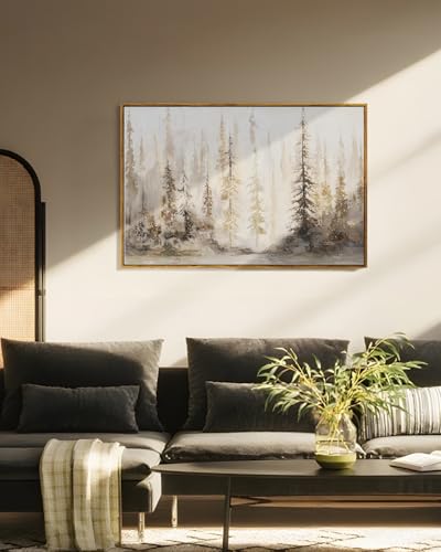 VIYYIEA Large Framed Canvas Wall Art, 24x36 Inch Abstract Forest Landscape Art Print, Neutral Wall Decor for Living Room Bedroom Home Office - color: Misty Pine Forest, size: 36"L x 24"W
