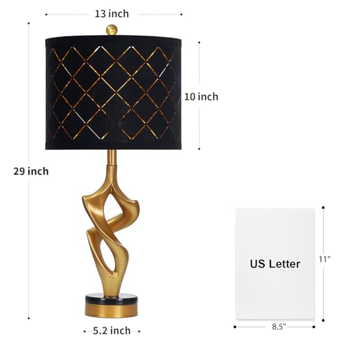 Ruzectt 29" Tall Black and Gold Table Lamp for Living Room, 3 Color Temperatures Bedside Lamp for Bedroom Nightstand, Modern Sculptural Resin Lamp with Grid Shade (1 LED Bulb Included) - color: Black & Gold (1 Pack)