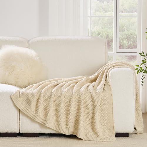 Beige Throw Blanket, Moss Knit, 60" x 80", Ivory Beige - color: Moss-beige, size: 60"x80"