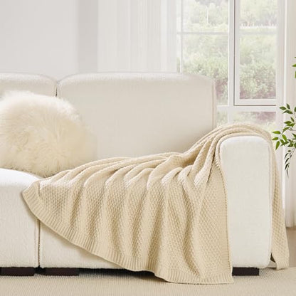 Beige Throw Blanket, Moss Knit, 60" x 80", Ivory Beige - color: Moss-beige, size: 60"x80"