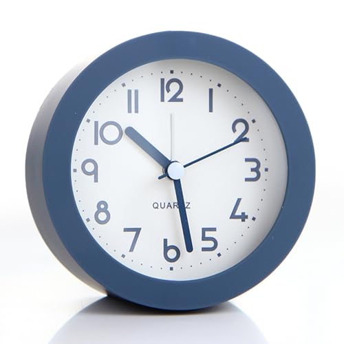 Alarm Clock with Backlight, 4.5 Inches Cute Analog Round Digital Quartz Clock, Non Ticking, Battery Operated ,Frosted Texture, Simply Design for Living Room, Bedroom ,Bedside, Desk Decorative (Blue) - color: Blue