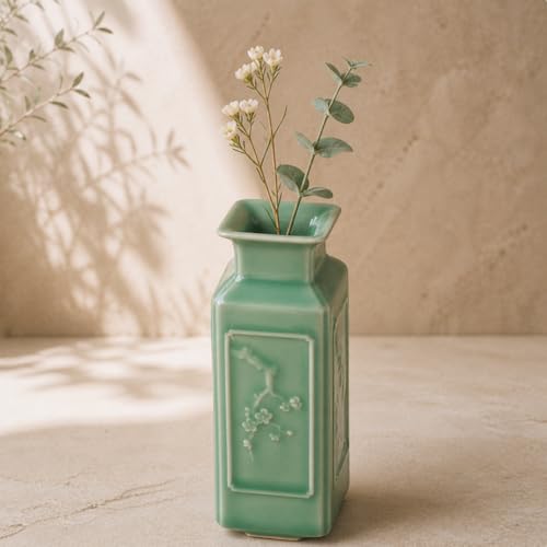 Mini Bud Vase, 5.5" Handmade Ceramic Square Vase, Sage Green Decor