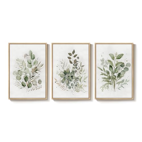 Framed 3 Piece Sage Green Botanical Wall Art for Living Room,16x24 In - color: Green & White, size: 16" W x 24" H x 3Pcs