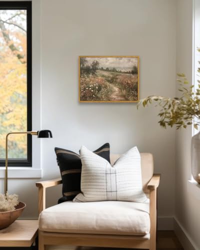 KBKBART Framed Canvas Wall Art Landscape Nature Country Wildflower Painting - color: Countryside Wildflower, size: 24"L x 16"W