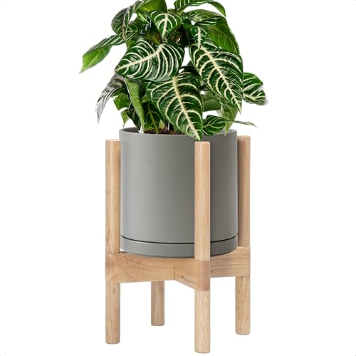 D'vine Dev Ceramic Pot with Natural Wood Stand, Grey, 8 in, 55-B-N-3 - color: Grey Pot + Natural Stand, size: 8 Inch