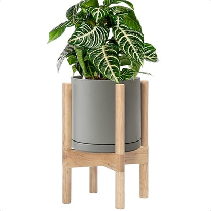 D'vine Dev Ceramic Pot with Natural Wood Stand, Grey, 8 in, 55-B-N-3 - color: Grey Pot + Natural Stand, size: 8 Inch