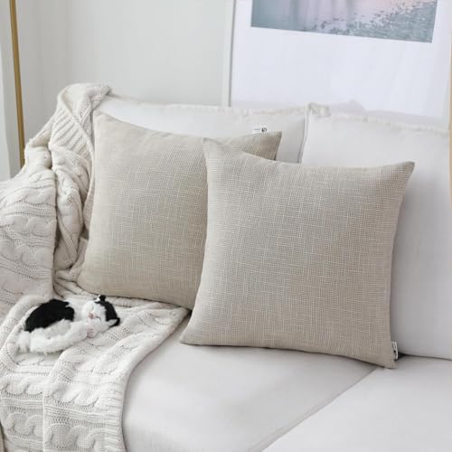 Pack of 2, Kevin Textile Decorative 2 Tone Linen Pillow Covers Farmhouse Boho Decor Cushion Covers for Chair/Sofa/Bed/Car, 18 x 18 Inches, Light Beige - color: Light Beige, size: 18" x 18" (Pack of 2)