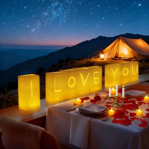 I Love You Decorations – Surprise Set with Light Up Letters, 30 Tea Light Candles, 2000 Rose Petals, 10 Balloons – Luminary Bags for Couples & Romantic Moments - style: I Love You