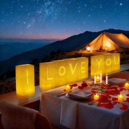 I Love You Decorations – Surprise Set with Light Up Letters, 30 Tea Light Candles, 2000 Rose Petals, 10 Balloons – Luminary Bags for Couples & Romantic Moments - style: I Love You