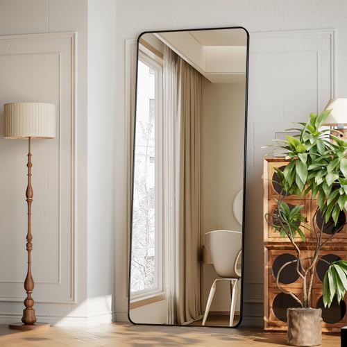 XRAMFY 65"x24" Floor Full Length Mirror Standing Full Body Rounded Corner Rectangle Mirrors with Stand Hanging Wall Mounted Leaning Bedroom Living Room Bedroom Cloakroom,Black - color: Black, size: 65"L x 24"W