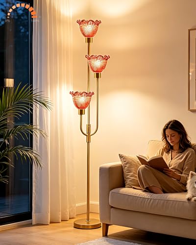 Glass Floor Lamp 66IN 3-Light Modern Red Glass Gold Dimmable Floor Lamps - color: Deep Red Flower-Gold