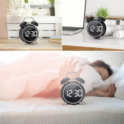 Digital Small Alarm Clock, 4.5 Inch Double Bell Electronic LED Alarm Clock - color: Black