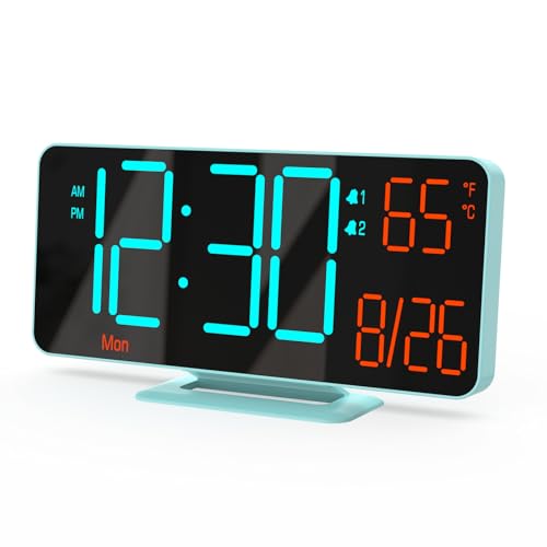KOSUMOSU Alarm Clocks for Bedrooms, 6.7in Digital Clock, Auto Dimming, Room Temperature, Day of The Week, Seconds, Date, Digital Clocks for Living Room, Desk Clock for Bedroom - color: Blue (Blue + Orange Digits)