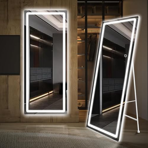 KKN LED Full-Length Mirror Dimmable Three-Color Lighting Vertical/wall-Mounted Aluminum-Framed Cosmetic Mirror Bedroom Salon Dressing Oversized Black-Framed smart Mirror (Grey) - color: Grey