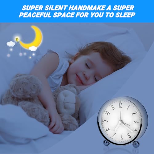 Welltop Analog Alarm Clock, 4 inch Super Silent Non Ticking Small Round Clock with Arabic Numerals Beep Sounds, Battery Operated, Lighted on Demand and Snooze, for Bedrooms Bedside Desk, Easy Set