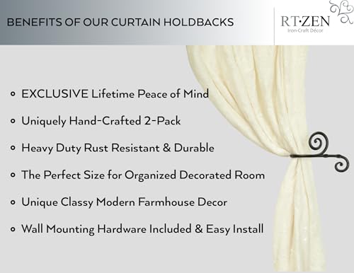 RTZEN Decorative Metal Curtain Tiebacks - Farmhouse Wrought Iron Curtain Holdbacks - Drapery Holders for Wall - Unique Metal Tie Backs for Curtains - 2 Pcs (Black Swirly) (Pack of 2) - size: Large (Pack of 2), style: Swirly
