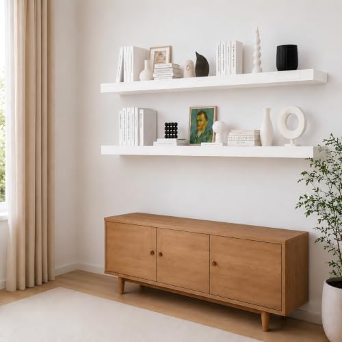 Floating Shelves 72 Inch Long 8" Deep Set of 2, Heavy Duty Wood Wall Mounted Shelves for Bathroom Living Room Kitchen, Book Shelves with Thickened Hidden Bracket - White - color: White, size: 72'' x 8''x 2''(set of 2）