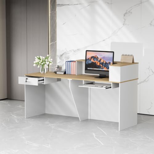 63"Reception Desk with Vertical Slat Panels for Office, Salon & Lobby - color: White/Oak, size: 62.9''L x 23.6''W x 39.3''H