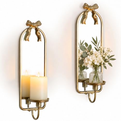 Gold Mirrored Candle Sconces Set of 2 with Arch Metal Frame - color: Gold