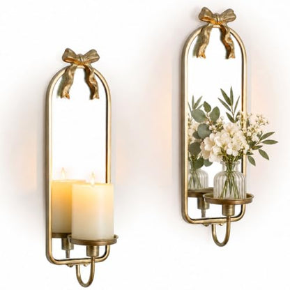 Gold Mirrored Candle Sconces Set of 2 with Arch Metal Frame - color: Gold