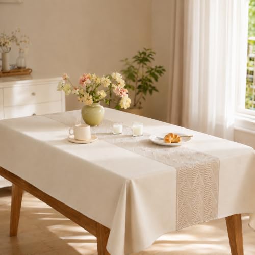 Rectangle Linen Tablecloth Waterproof Spillproof Cloth, 55x120 Inch - color: Beige Bd, size: 55"x120"fits 10 seats (table length 96"-102")