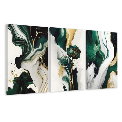 EJPFOGV Triptych Green and Gold Floral Wrapped Canvas Wall Art 20x30 in x3 | Wooden frame, UV-resistant ink, Giclée printing process, Pre-installed hooks make it easy to hang home or office wall decor - color: Gilded green, size: 30"L x 20"W