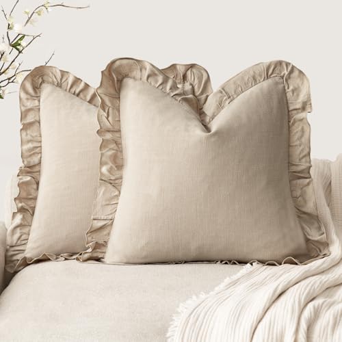 Foindtower Linen Fringe Ruffle Throw Pillow Covers 18×18 Inch Light Tan - color: Semolina, size: 18" x 18" (Pack of 2)