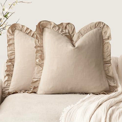 Foindtower Linen Fringe Ruffle Throw Pillow Covers 18×18 Inch Light Tan - color: Semolina, size: 18" x 18" (Pack of 2)