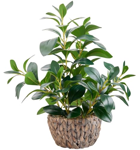 AlphaAcc Fake Indoor Ficus Plant in Rattan Basket Planter Home Office Decor - color: Green Ficus Plant 18.8" H