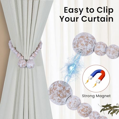 KLOGTSIND Magnetic Curtain Tiebacks, 2 Pack Wood Bead Curtain Holdbacks - color: Whitewashed