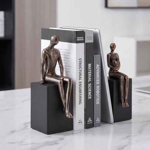Decorative Bookends for Shelves, Set of 2 Heavy Duty Resin Book Ends with Abstract Couple Statues and Non-Slip Bases, Vintage Shelf Decor for Home Office, Bronze and Black - color: Metal Color