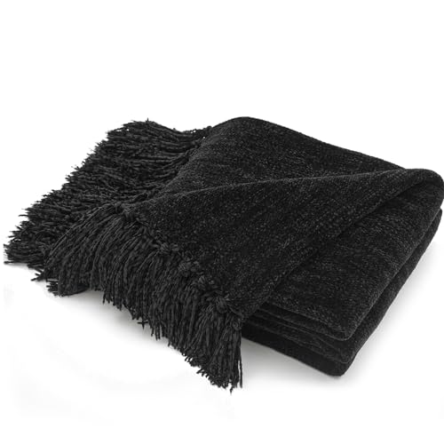 RECYCO Chenille Throw Blanket for Couch, 60"x80", Black - color: Black, size: 60'' X 80''